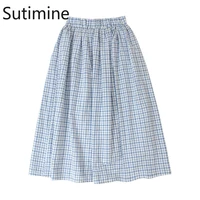 kawaii harajuku vintage plaid skirts women clothes 2021 japanese style elastic high waist a line puffy oversize midi skirt