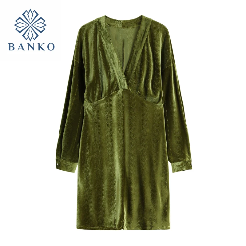 

2021 Spring And Autumn Vintage V-neck Velvet Dress Women's Long-Sleeved Slim-Fit French Style Elegant Ladies Evening Dresses