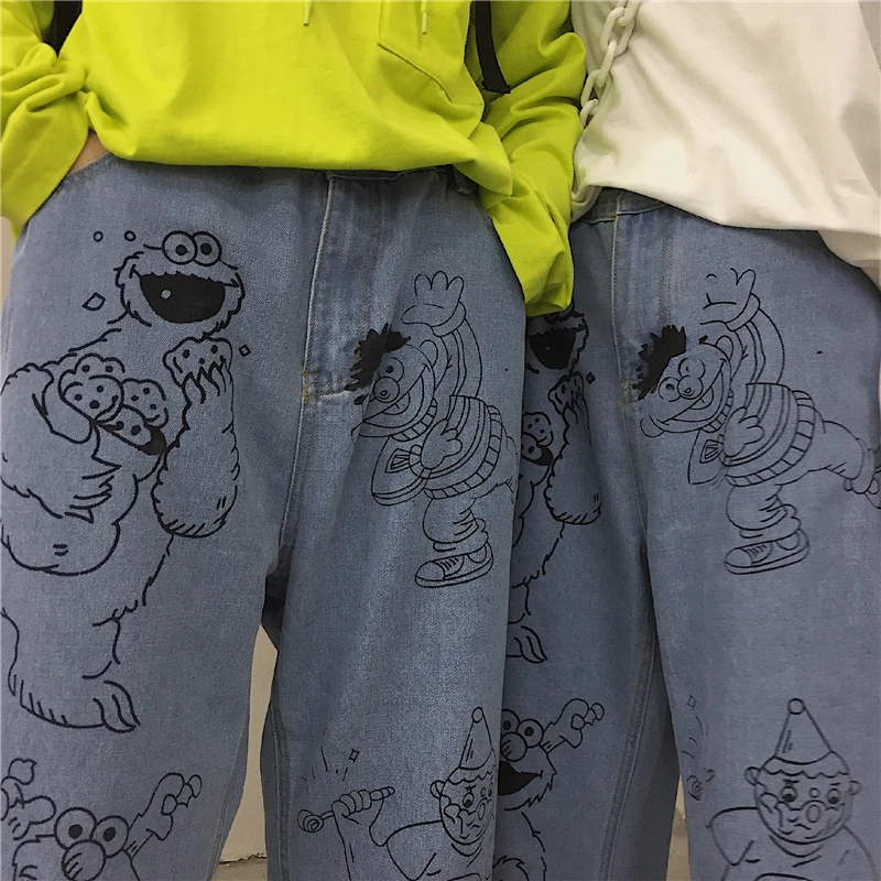 

New Spring Retro Women Jeans Cute Print Cartoon Wide Leg Pants Men and Women Harajuku Kawaii Denim Straight Bottoms Mujer