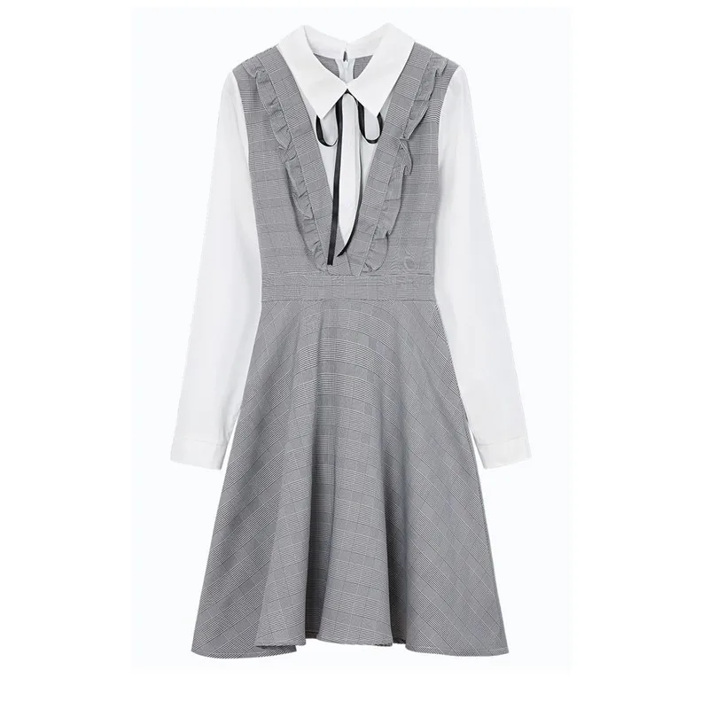 

2021 New Preppy Style Spring Autumn Women Cute Dress Turn-Down Collar Patchwork Plaid Vestidos Cute Kawaii Ribbon Elegant Dress