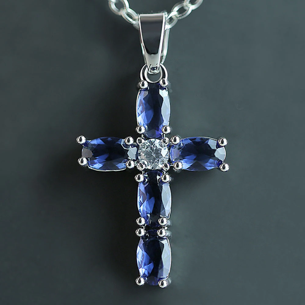 

Loredana Fashionable Delicate Crystal Clear Pure Blue High-Grade Zircon Crucifix Necklace For Women.Meaning Our Eternal Love.