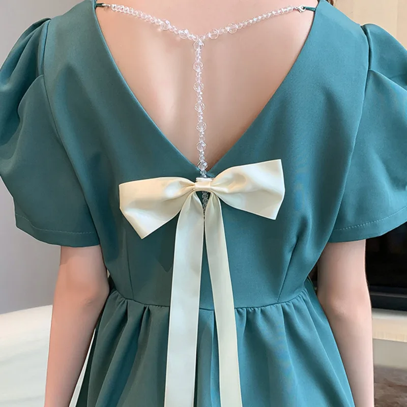 

French Vintage Summer Solid Mini Dress Short Sleeve Sexy Bow Hollow Out Backless A Line Dresses High Waist Party Vestidos 2021