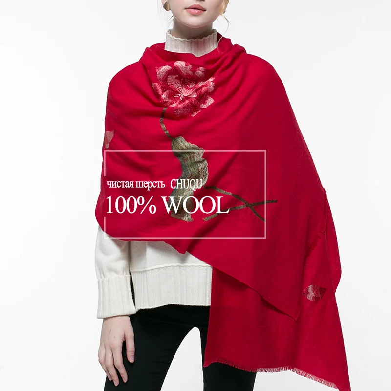 

Wool Red Embroidery Scarf Women Winter Warm Big Shawl and Wraps Pure Wool Cashmere Bridesmaid Pashmina For Ladies Poncho Foulard