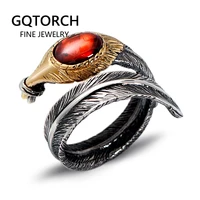 real pure 925 sterling silver rings for men feather shaped with black and red natural stone opening adjustable male jewelry