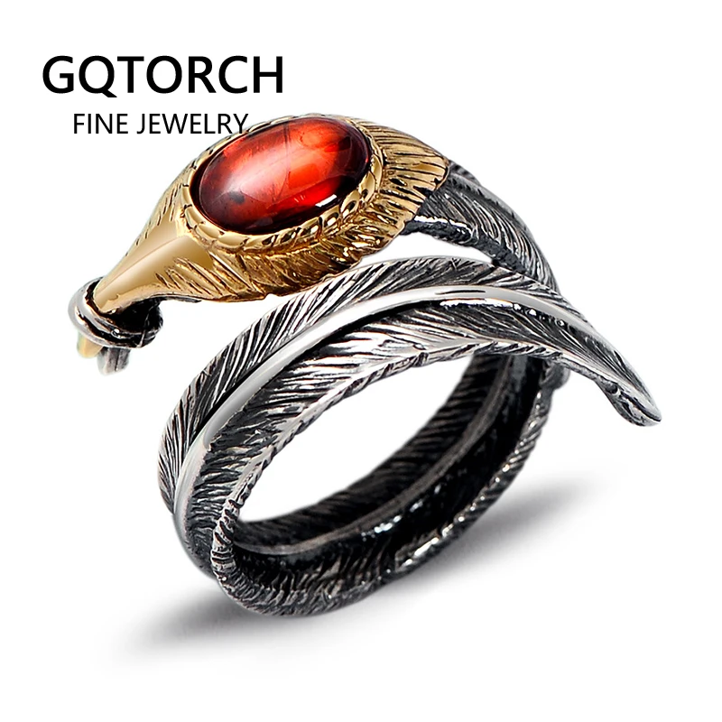 Настоящее чистое 925 пробы Серебряное кольцо для мужчин в форме пера с черным и красным натуральным камнем