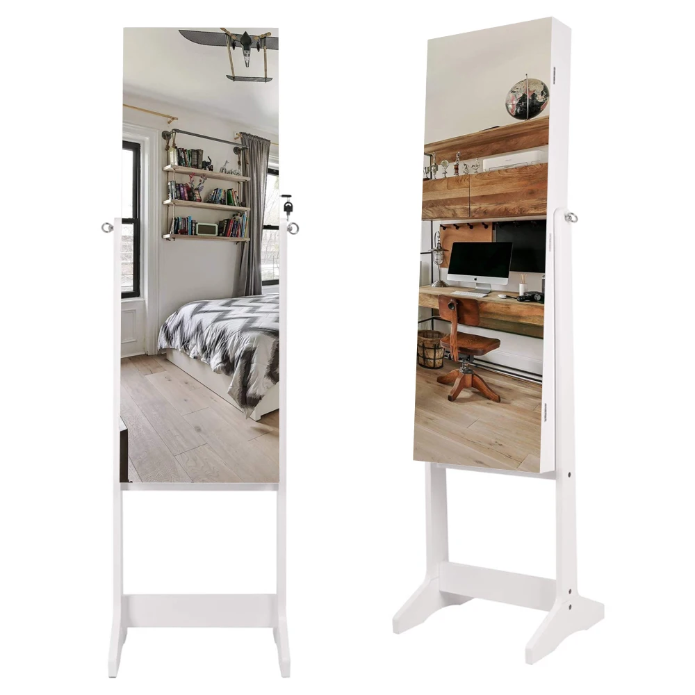 

【US Warehouse】Full Mirror Wooden Floor Standing 4Layer Shelf With Inner Mirror 2 Drawer Jewelry Storage Adjustable Mirror Cabint