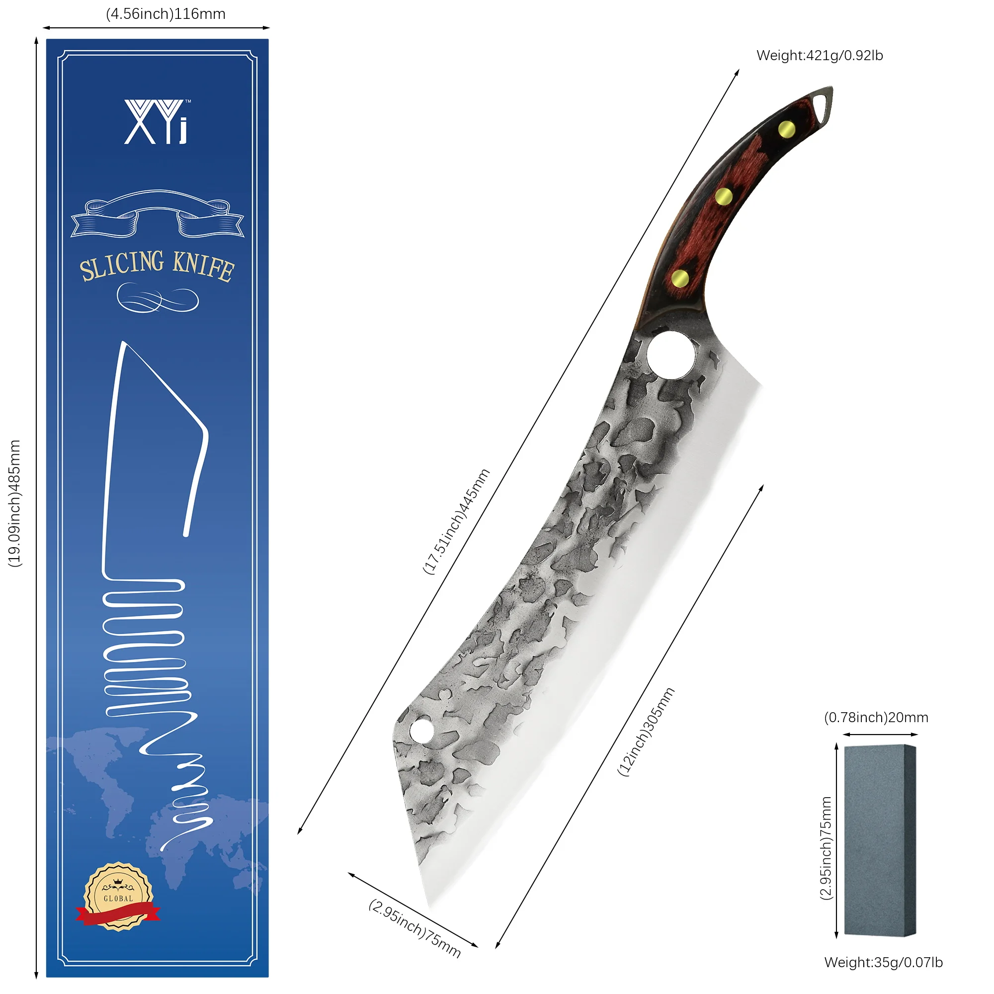 XYJ Full Tang Salmon Knife 12.5 Inch Extra Long Slaughter Meat Cutting Hammered Blade Slicer with Pakka Wood Handle | Дом и сад