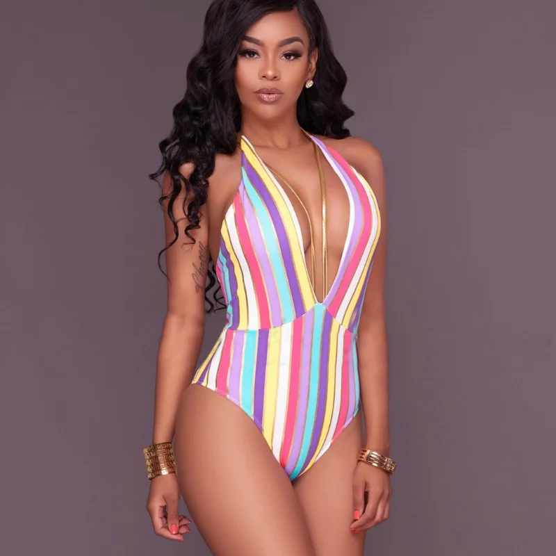 

2021 New One-Piece Swimwear Women Stripe Bathing Suit Bandage Push Up Beachwear Female Halter Swimsuit Sexy Triangle Bikini