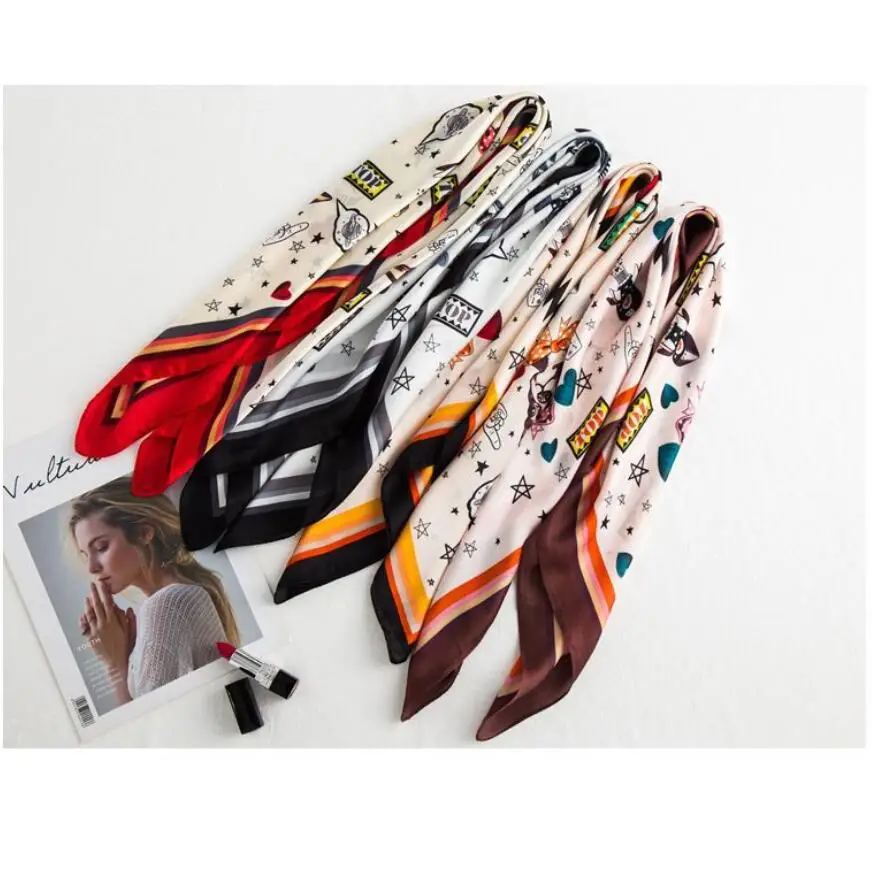 Женский квадратный шарф с мультяшным принтом шейный платок звезд и букв для