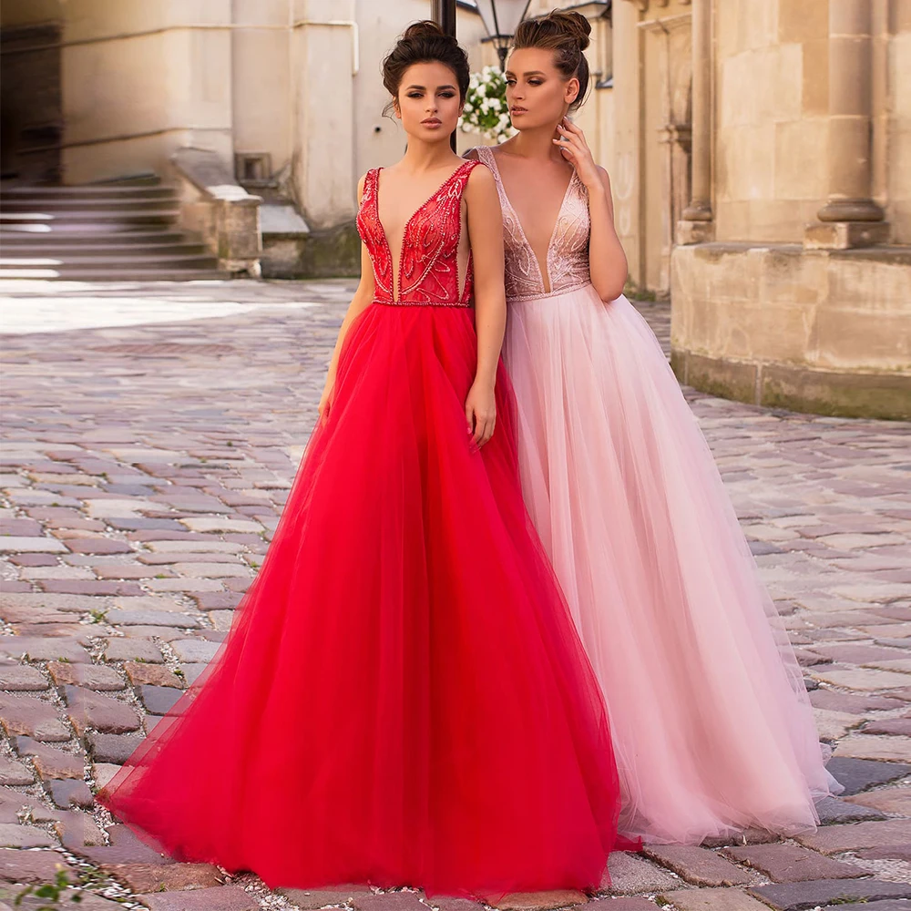 

Formal Party Plus Size Deep V-Neck Evening Dresses for Dinner Party Floor-Length with Soft Tulle Sleeveless Sequined Beading