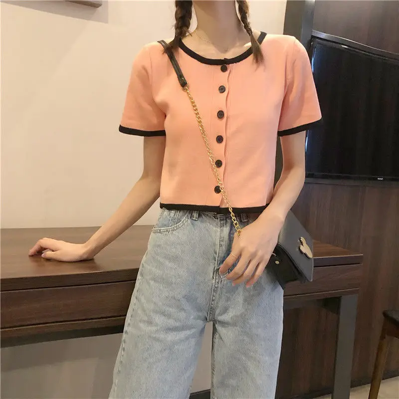 

Retro contrast round neck short sleeve knitted cardigan women's summer new Joker foreign style short thin top tide