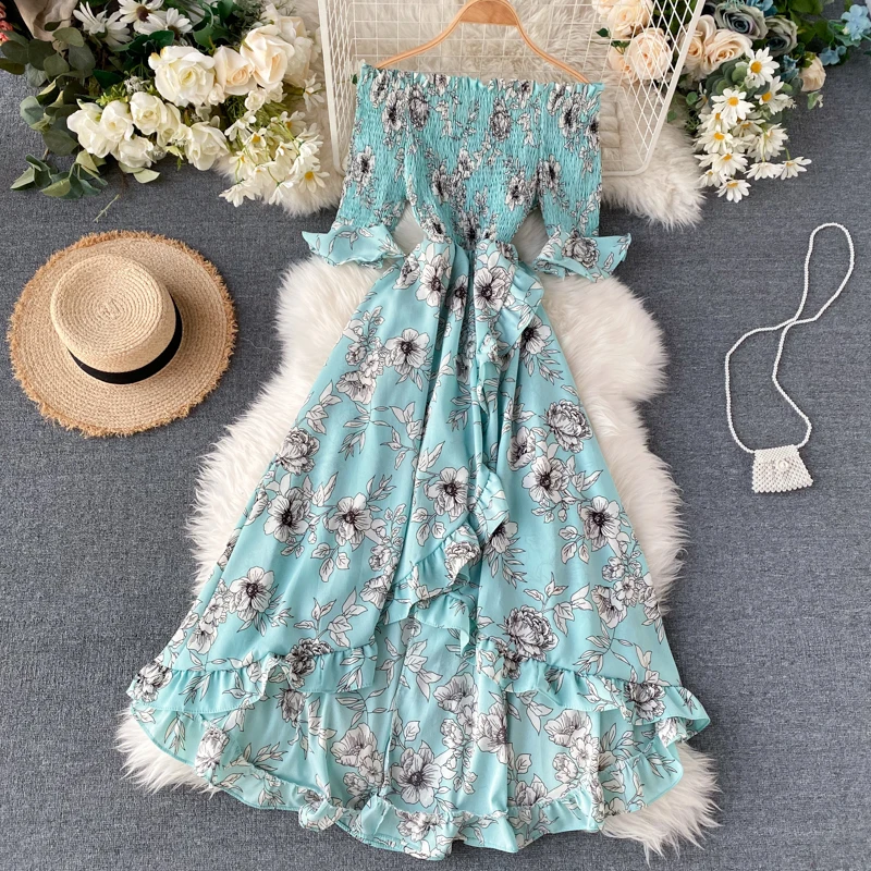 

Summer Irregular Ruffles Sundress Seaside Holiday Floral Print Dress Women Beach Style Slash Neck Off-Shoulder High Waist Dress
