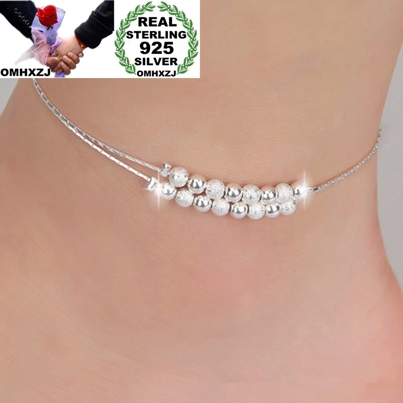 

OMHXZJ Wholesale European Fashion Woman Girl Party Birthday Wedding Gift Sweet Beads Two Lines 925 Sterling Silver Anklet JL07