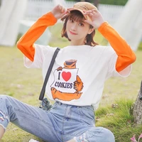100 cotton new fake two piece long sleeved t shirt female korean student loose wild cartoon print hit color top