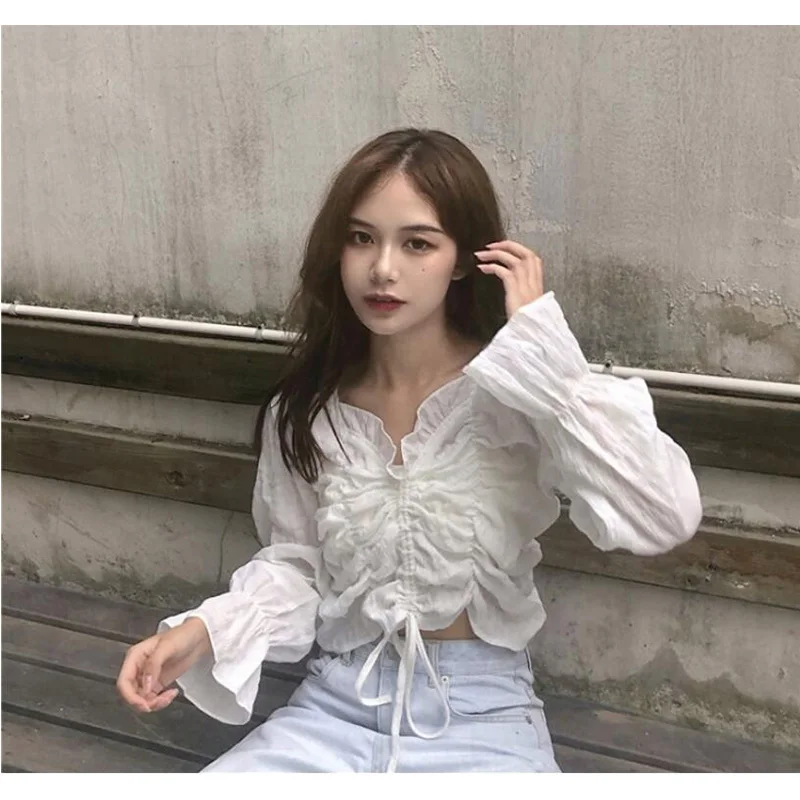 Женские блузки на весну и лето белая рубашка с буфами рукавах рюшами завязках