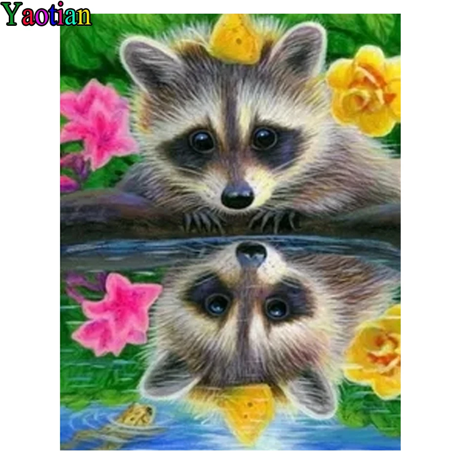 

Full square Drill 5D Diamond Painting Raccoon animal flower Diamond Embroidery Cross Stitch Diamond Mosaic Kit Home Decor