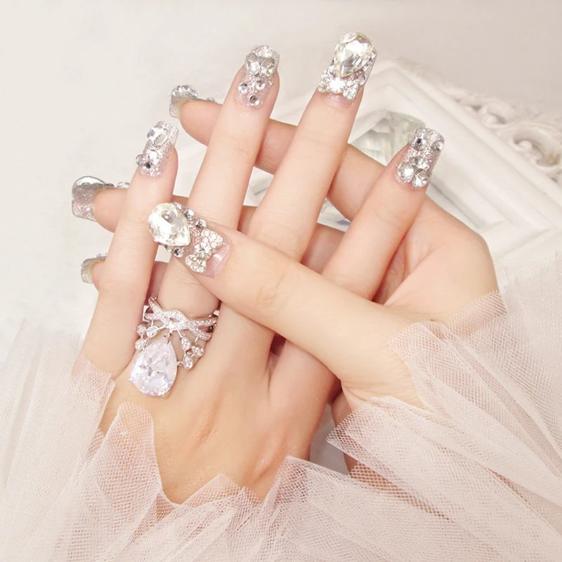 24 шт. 3D накладные ногти полное покрытие для свадьбы со стразами из смолы