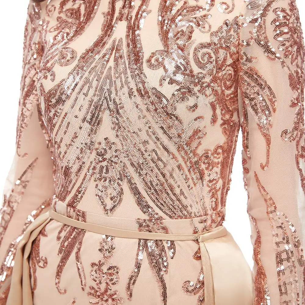 

Green Sequined O Neck Full Sleeved Evening Party Dress Stretchy Floor Length Ball Gown with Detachable Train Burgundy