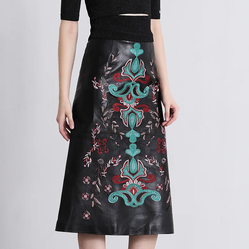 

Autumn winter women's high quality embroidery leather pencil skirt Chic lady's elegant genuine leather skirts B342