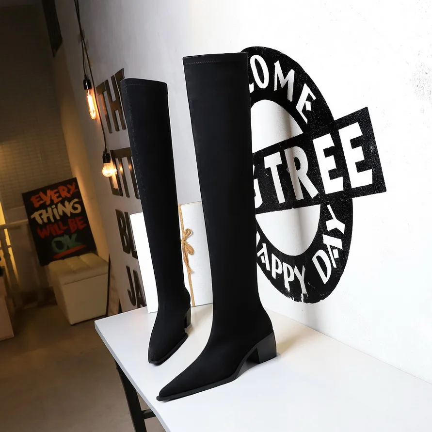 

BIGTREE Fashion Flock Autumn Boots For Women 2021 New Over-The-Knee Square High Heels Shoes Slip-On Pointed Toe Warm Booties