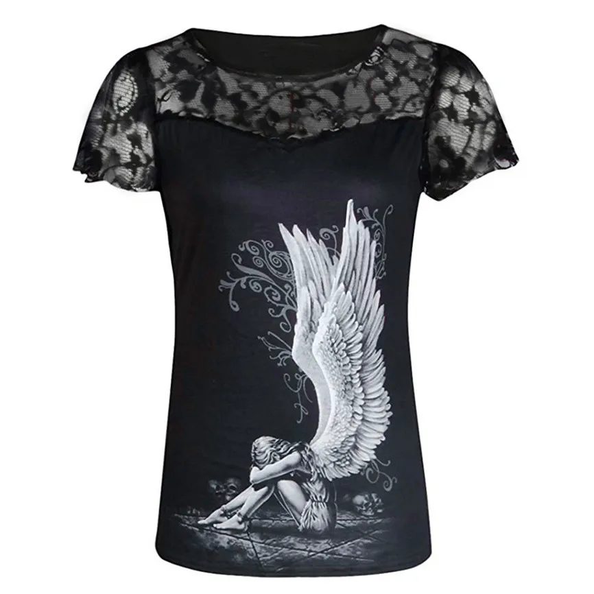 Женская футболка с коротким рукавом летняя принтом крыла ангела панк рок