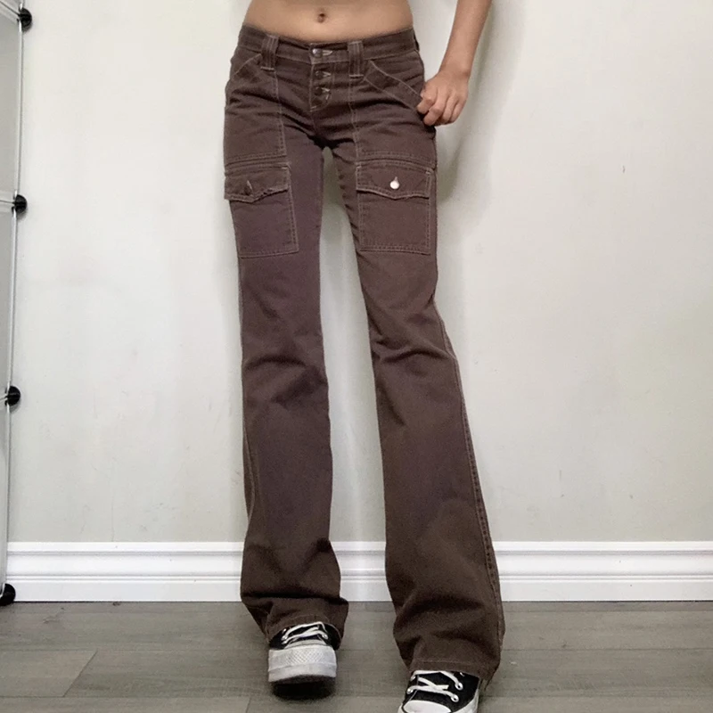 

Коричневые брюки-карго WeiYao в уличном стиле, винтажные гранж Y2K джинсы, женские джинсы с низкой талией и карманами, джинсовые брюки в стиле 90-х...