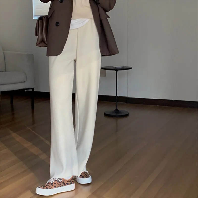 

HziriP 2021 Apricot Solid Chic Woolen Straight Elegant Minimalist Hot High Waist Straight Pants Women All Match Casual Trousers