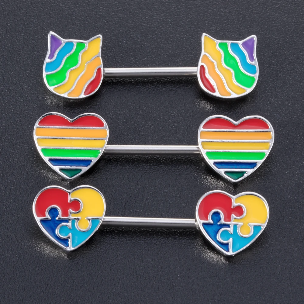 Кольцо для пирсинга сосков женское Радужное в форме сердца кота | Украшения и