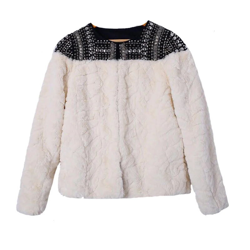 Fleece Rivet Coat For Women Faux Fur Patchwork Long Sleeve Thick Cardigan Female Winter Harajuku New Clothing - Цвет: white