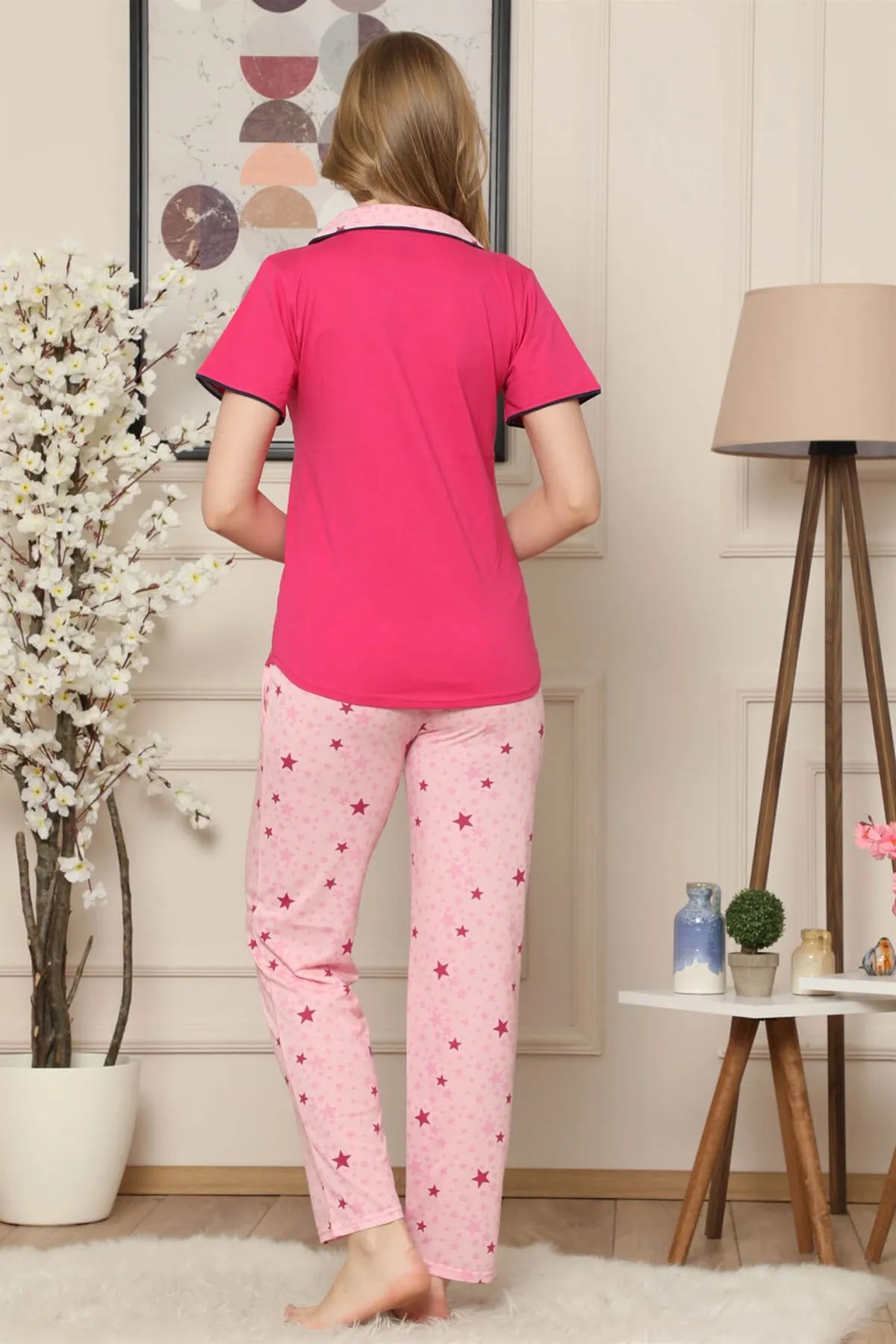 

Fashion Cartoon Women Fuchsia Cotton Button Pockets Short Sleeve Sleepwear Suit 2543