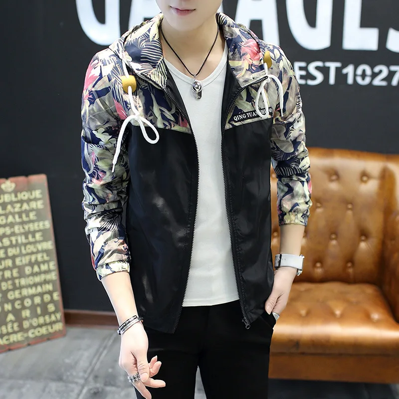 

2021 New Men's Jacket Handsome Casual Students Slim Hooded Overcoat Male Spring and Autumn Fashion Print Patchwork Cargo Jackets