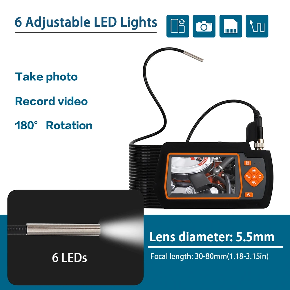 

5.5mm Industrial Endoscopes with 4.3 Inch IPS Screen 1080P Borescope Inspection Camera with 6 Adjustable LEDs Lights IP67