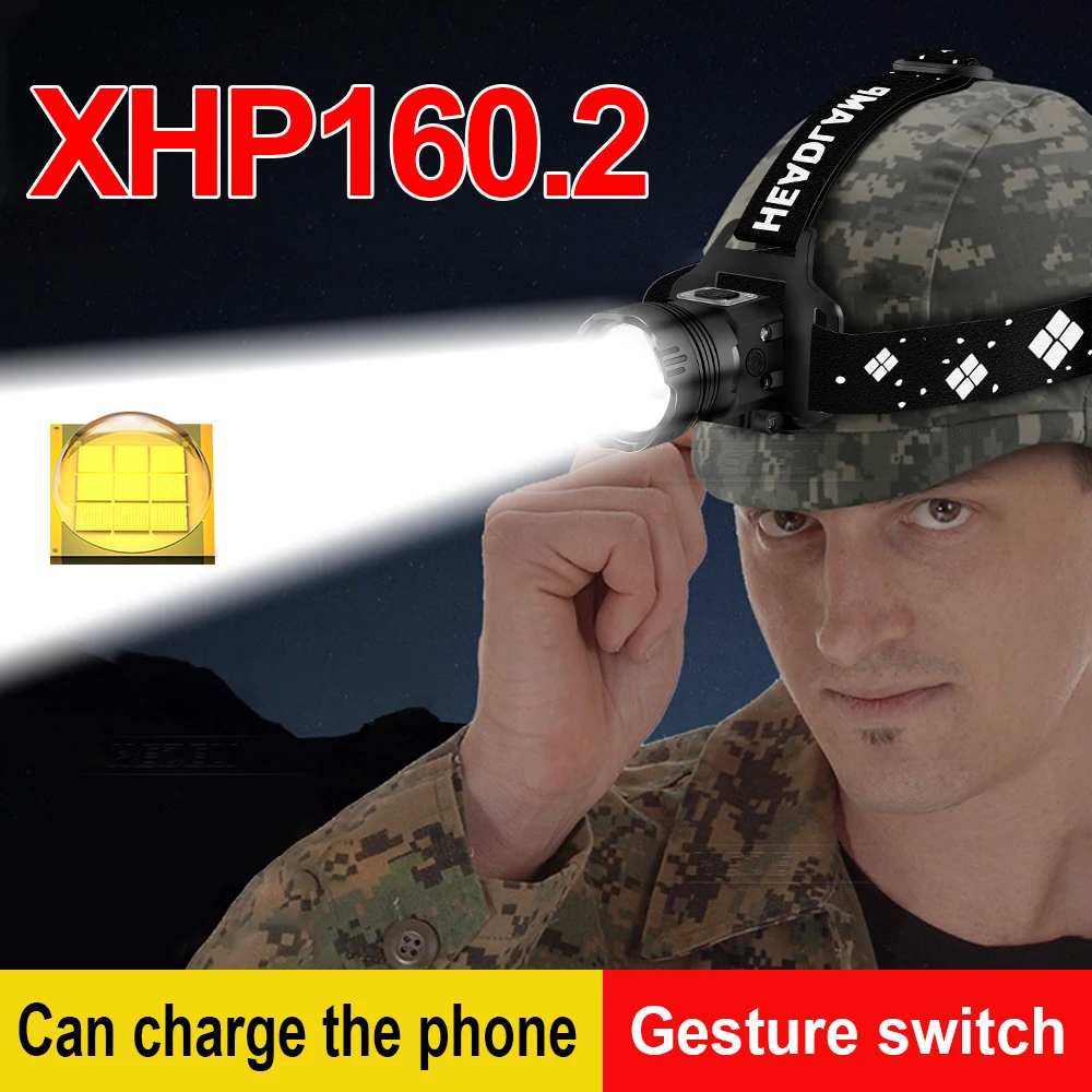 

Светодиодный налобный фонарь XHP160.2 с инфракрасным датчиком, Головной фонарь с аккумулятором USB 18650, мощный портативный фонарь