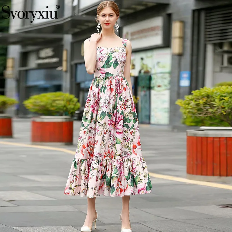 

Svoryxiu luxury Runway Summer Party Spaghetti Strap Long Dresses Women's Charming Flower Print Ruffles Sexy Dress Vestdios