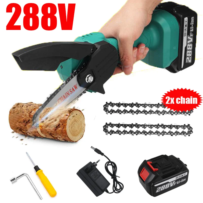 

288V Battery 4 Inch Mini Electric ChainSaw With Spare Chain Woodworking Pruning Garden Power Tool For Makita 18V Battery EU Plug