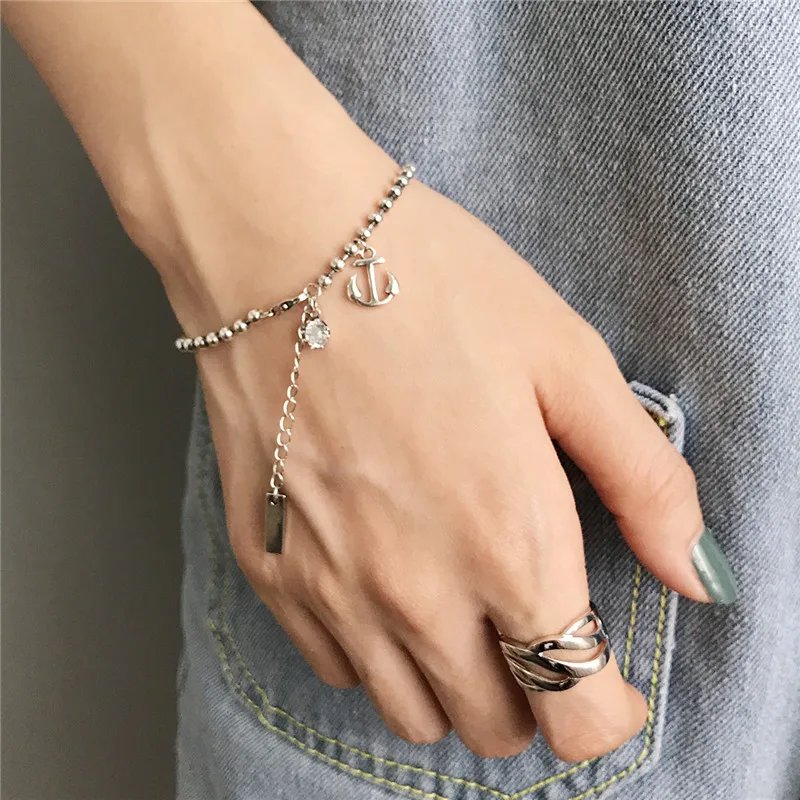 

RUIYI Girls Stylish Real 925 Sterling Silver Bracelets Luxury Women Jewelry Ship Anchor Charm AAA Zircon Beads Chain Bracelets