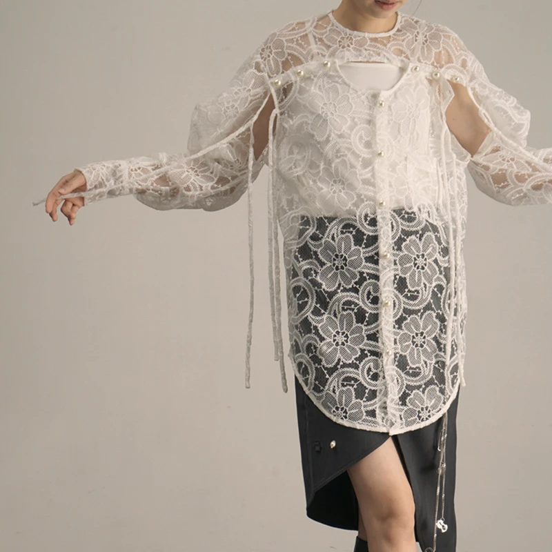 

Elegant Patchwork Lace Shirts For Women O Neck Long Sleeve Straight Hollow Out Blouses Female Korean Summer Fashion