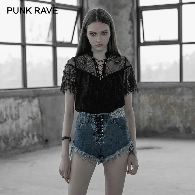 Женская черная рубашка в стиле панк готическая Черная ажурная кружевная