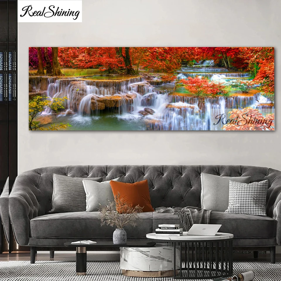 Алмазная картина сделай сам красное дерево водопад пейзаж полностью круглая