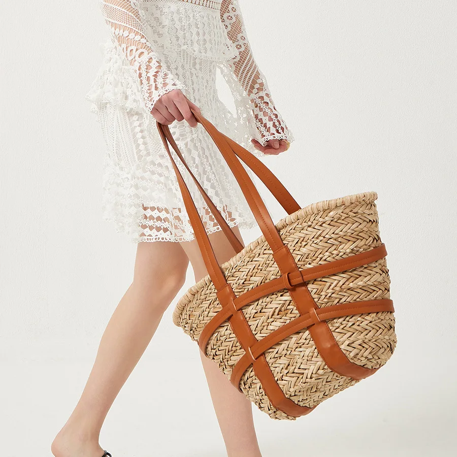 

Модная большая сумка-корзина из ротанга, дизайнерские плетеные женские сумки на плечо, роскошная соломенная сумка, летняя пляжная большая с...