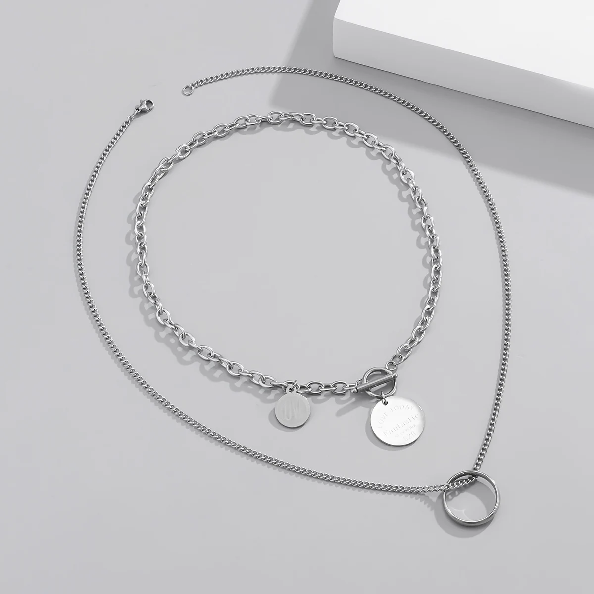 

2021 Stainless Steel Double Layer Round Disc Pendant Necklace Sliver Color Chain Charm Necklace for Women Steampunk Jewelry Gift