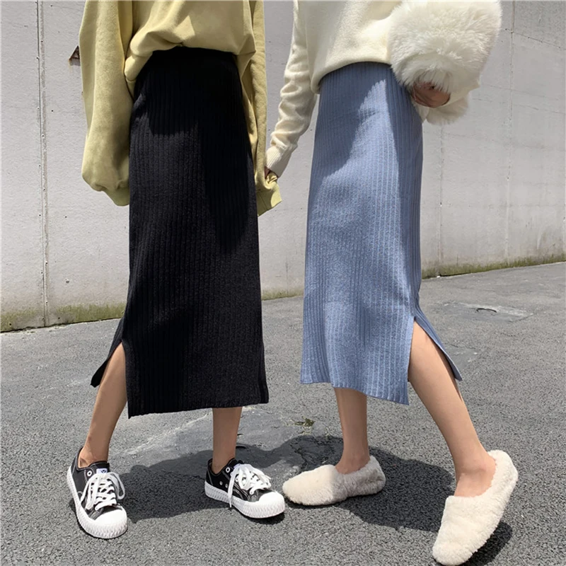 

Simple Elastic Waist Knit Skirt Women Chic Split All-match Solid Color Midi Casual Skirt Winter Autumn Blue Black Faldas Mujer