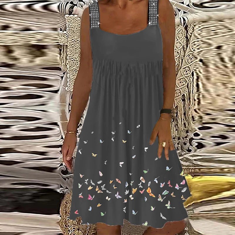 

Women Sexy Off Shoulder Glitter Straps Party Dress Summer Sleeveless Pleated Dress Spring Butterfly Print Patchwork Loose Dress