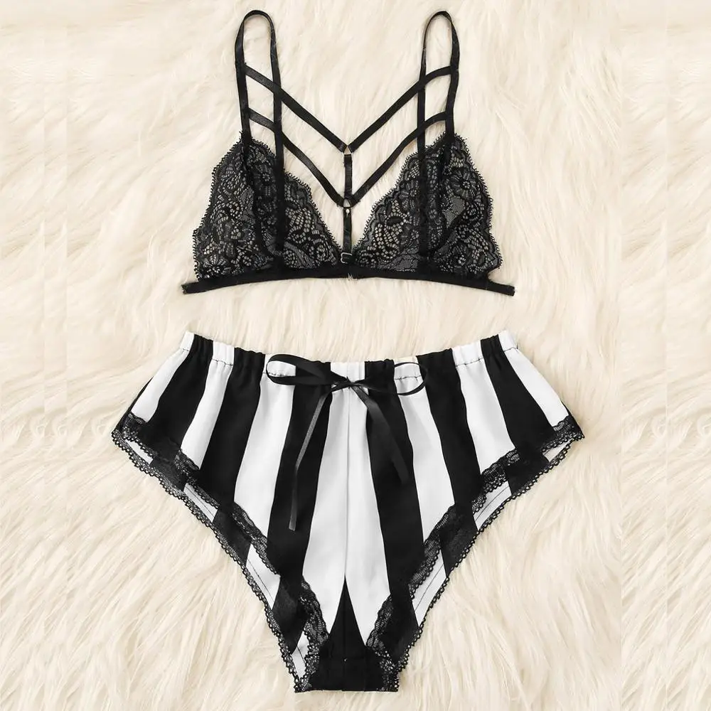 Женское ночное белье размера плюс женский сексуальный полосатый кружевной