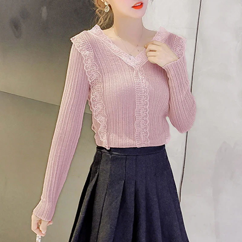 V-neck lace top summer farewell to high-end French small shirt temperament 2021 new autumn women's long sleeved sweater