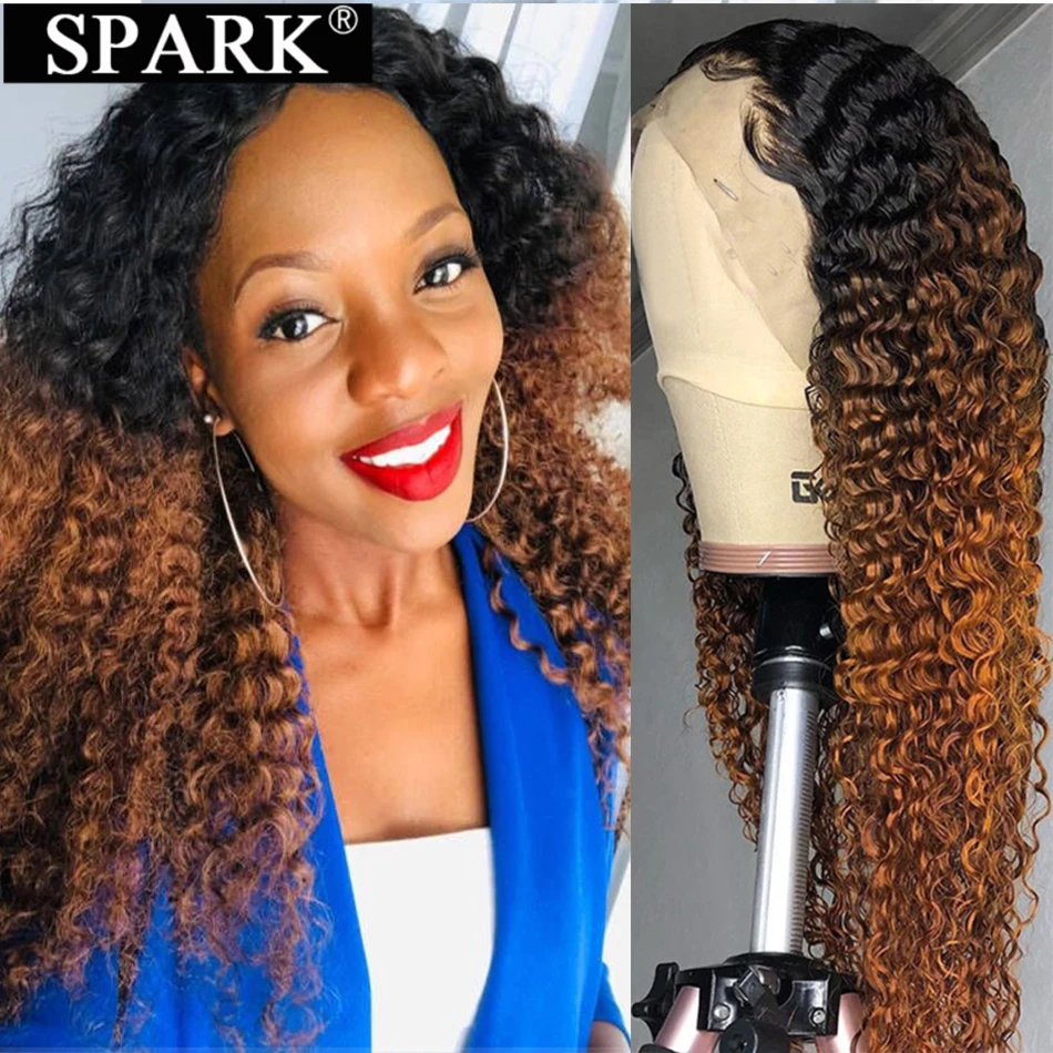 Online Spark Ombre Renda Depan Rambut Manusia Wig Mongolia Afro Kinky Curly Digunakan Dipetik 13*4 & 4*4 Renda Frontal Wig Rambut Manusia Wig Remy