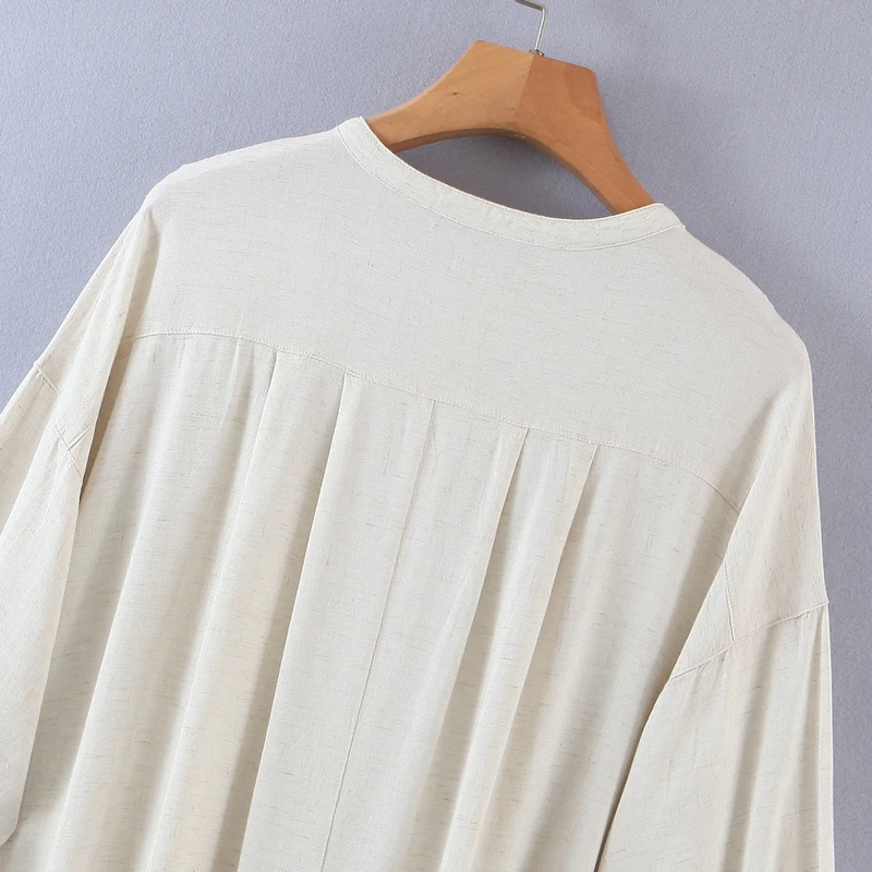 

Wixra Womens Solid Cotton Dress Simple Style Long Sleeve Pockets Stand Collar Loose Straight Spring Summer Clothing