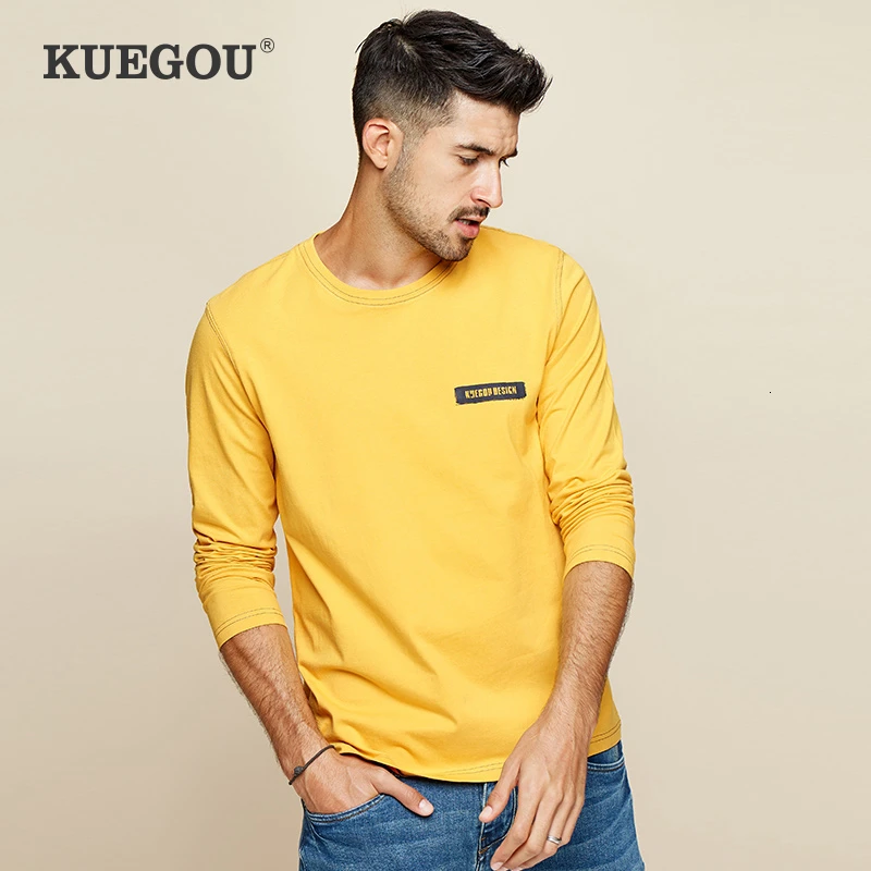 KUEGOU 2019 осень 100% хлопок белая простая футболка с принтом Мужская брендовая
