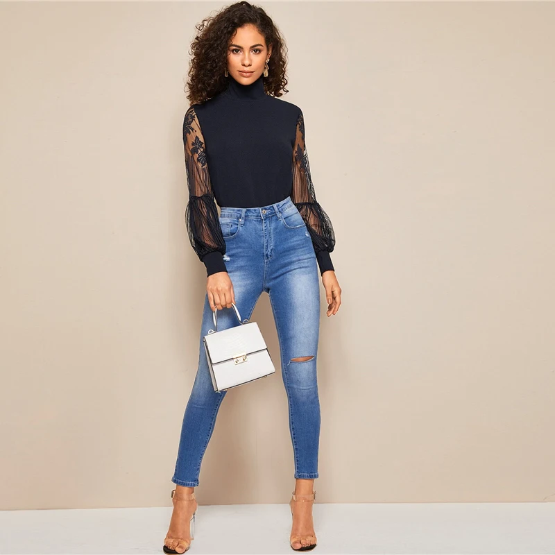 SHEIN Однотонный Топ С Прозрачными Рукавами Сексуальная Блузка С Ажурными Рукавами