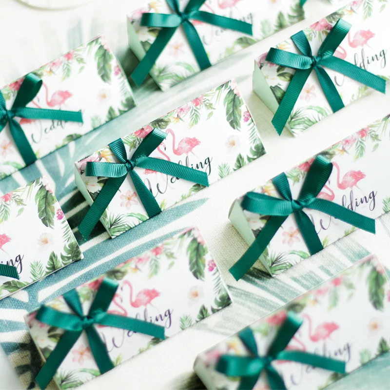 Зеленые фламинго свадебные коробки для подарков конфет коробка с лентой шоколад